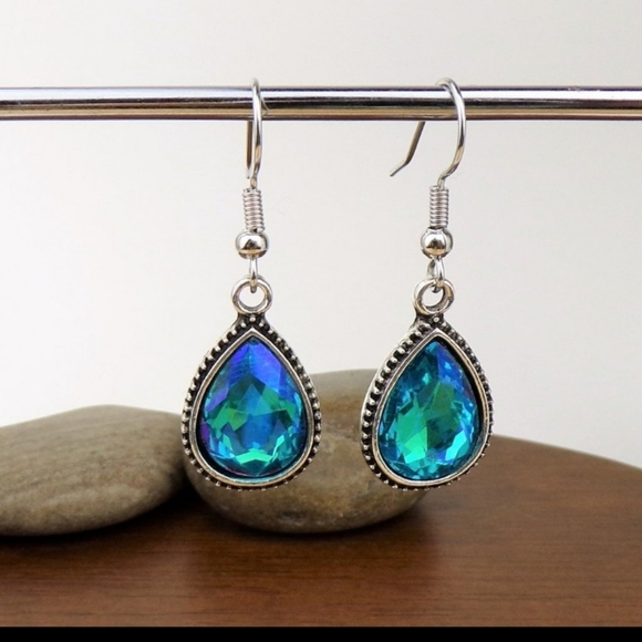 Turquoise Rhinestone Teardrop Earrings - Picture 3 of 4